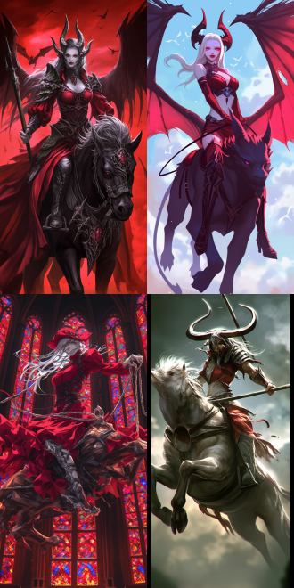 女性恶魔骑梦魇兽，空中飞行，曲线优美，五官精致，高画质，红色哥特服装，手持长鞭，动态模糊，暗黑风格，细节丰富，广角镜头，逆光，冷色调，神秘，威严。