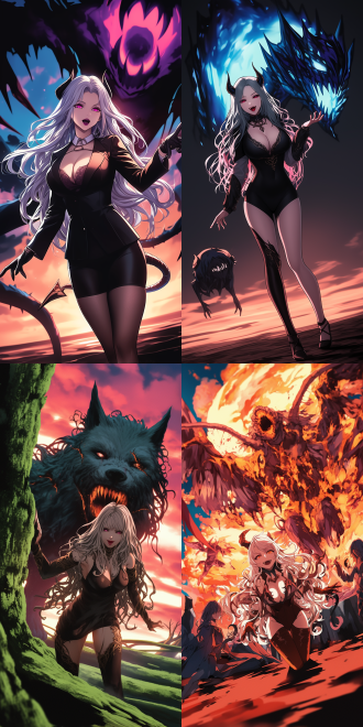 女神和她的恶魔宠物，身材曲线，精致五官，细节丰富，高分辨率，全身视角，广角镜头，自然光，柔和色调，神秘感，超现实主义，梦幻效果，皮肤纹理，眼神深邃，诱惑力。