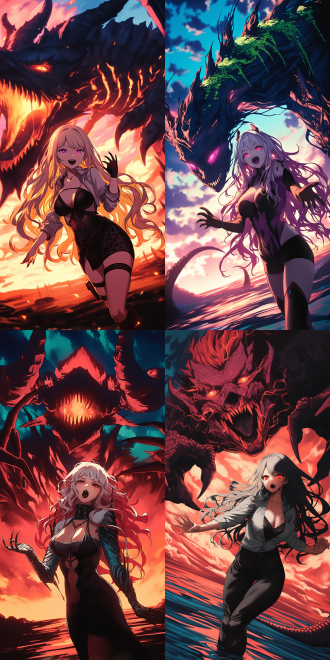 女神和她的恶魔宠物，身材曲线，精致五官，细节丰富，高分辨率，全身视角，广角镜头，自然光，柔和色调，神秘感，超现实主义，梦幻效果，皮肤纹理，眼神深邃，诱惑力。