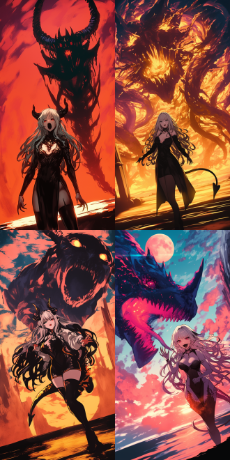 女神和她的恶魔宠物，身材曲线，精致五官，细节丰富，高分辨率，全身视角，广角镜头，自然光，柔和色调，神秘感，超现实主义，梦幻效果，皮肤纹理，眼神深邃，诱惑力。