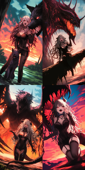 女神和她的恶魔宠物，身材曲线，精致五官，细节丰富，高分辨率，全身视角，广角镜头，自然光，柔和色调，神秘感，超现实主义，梦幻效果，皮肤纹理，眼神深邃，诱惑力。