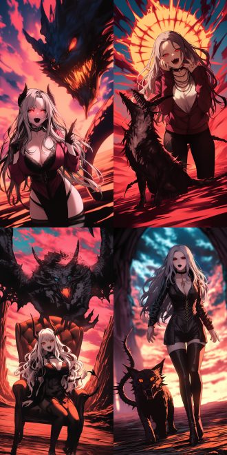 女神和她的恶魔宠物，身材曲线，精致五官，细节丰富，高分辨率，全身视角，广角镜头，自然光，柔和色调，神秘感，超现实主义，梦幻效果，皮肤纹理，眼神深邃，诱惑力。