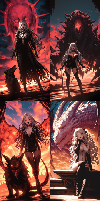 女神和她的恶魔宠物，身材曲线，精致五官，细节丰富，高分辨率，全身视角，广角镜头，自然光，柔和色调，神秘感，超现实主义，梦幻效果，皮肤纹理，眼神深邃，诱惑力。