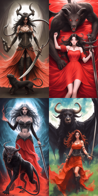 goddess and her demonic pet, with curvaceous figure, delicate features, rich details, high resolution, full body perspective, wide-angle lens, natural light, soft tones, sense of mystery, surrealism, dreamy effect, skin texture, and profound eyes, evoking a sense of temptation.