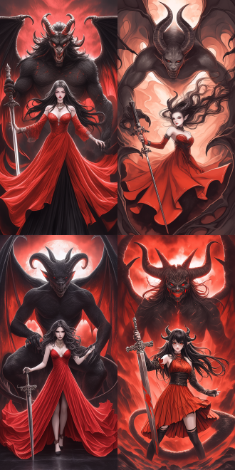 goddess and her demonic pet, with curvaceous figure, delicate features, rich details, high resolution, full body perspective, wide-angle lens, natural light, soft tones, sense of mystery, surrealism, dreamy effect, skin texture, and profound eyes, evoking a sense of temptation.