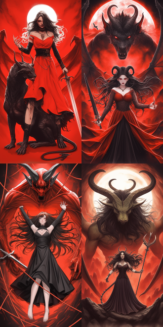 goddess and her demonic pet, with curvaceous figure, delicate features, rich details, high resolution, full body perspective, wide-angle lens, natural light, soft tones, sense of mystery, surrealism, dreamy effect, skin texture, and profound eyes, evoking a sense of temptation.