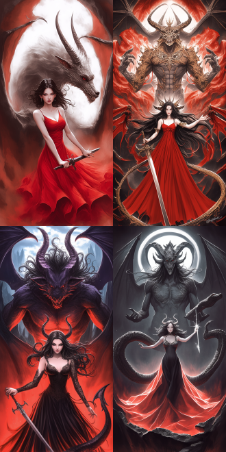 goddess and her demonic pet, with curvaceous figure, delicate features, rich details, high resolution, full body perspective, wide-angle lens, natural light, soft tones, sense of mystery, surrealism, dreamy effect, skin texture, and profound eyes, evoking a sense of temptation.