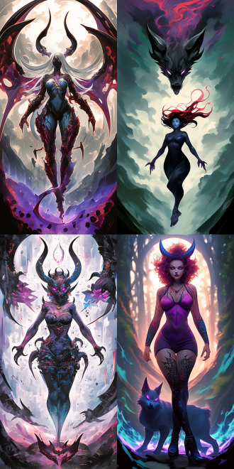 goddess and her demonic pet, with curvaceous figure, delicate features, rich details, high resolution, full body perspective, wide-angle lens, natural light, soft tones, sense of mystery, surrealism, dreamy effect, skin texture, and profound eyes, evoking a sense of temptation.