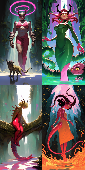 goddess and her demonic pet, with curvaceous figure, delicate features, rich details, high resolution, full body perspective, wide-angle lens, natural light, soft tones, sense of mystery, surrealism, dreamy effect, skin texture, and profound eyes, evoking a sense of temptation.