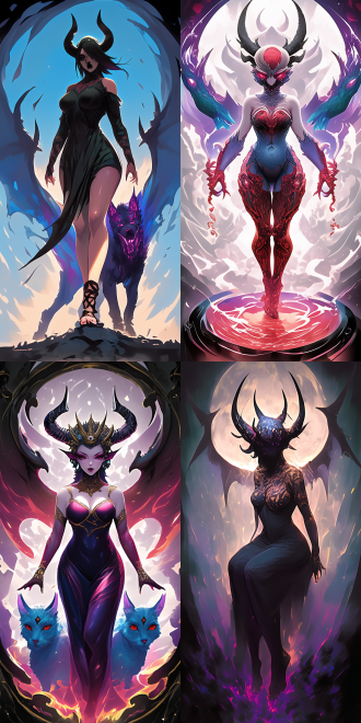 goddess and her demonic pet, with curvaceous figure, delicate features, rich details, high resolution, full body perspective, wide-angle lens, natural light, soft tones, sense of mystery, surrealism, dreamy effect, skin texture, and profound eyes, evoking a sense of temptation.