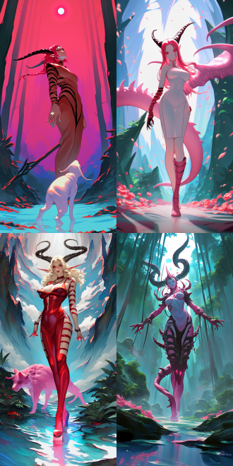 goddess and her demonic pet, with curvaceous figure, delicate features, rich details, high resolution, full body perspective, wide-angle lens, natural light, soft tones, sense of mystery, surrealism, dreamy effect, skin texture, and profound eyes, evoking a sense of temptation.