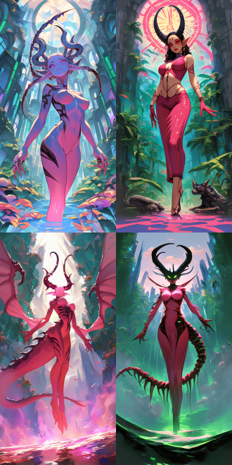 goddess and her demonic pet, with curvaceous figure, delicate features, rich details, high resolution, full body perspective, wide-angle lens, natural light, soft tones, sense of mystery, surrealism, dreamy effect, skin texture, and profound eyes, evoking a sense of temptation.