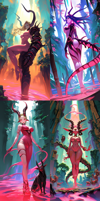 goddess and her demonic pet, with curvaceous figure, delicate features, rich details, high resolution, full body perspective, wide-angle lens, natural light, soft tones, sense of mystery, surrealism, dreamy effect, skin texture, and profound eyes, evoking a sense of temptation.