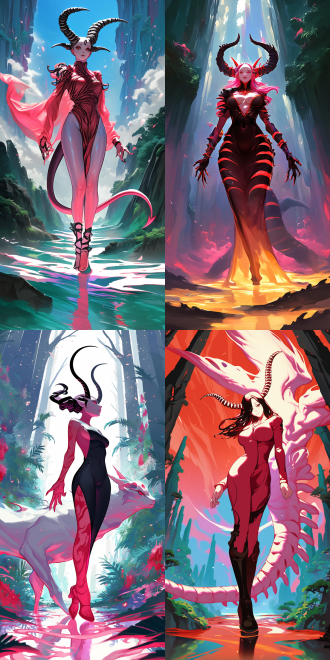 goddess and her demonic pet, with curvaceous figure, delicate features, rich details, high resolution, full body perspective, wide-angle lens, natural light, soft tones, sense of mystery, surrealism, dreamy effect, skin texture, and profound eyes, evoking a sense of temptation.