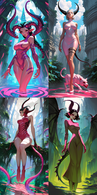 goddess and her demonic pet, with curvaceous figure, delicate features, rich details, high resolution, full body perspective, wide-angle lens, natural light, soft tones, sense of mystery, surrealism, dreamy effect, skin texture, and profound eyes, evoking a sense of temptation.