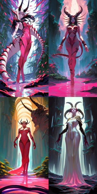 goddess and her demonic pet, with curvaceous figure, delicate features, rich details, high resolution, full body perspective, wide-angle lens, natural light, soft tones, sense of mystery, surrealism, dreamy effect, skin texture, and profound eyes, evoking a sense of temptation.