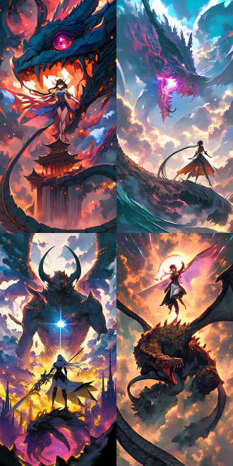 女神站在巨大的怪物身上，怪物比像飞机一样大，女神身材曲线优美，五官精致，细节丰富，高画质