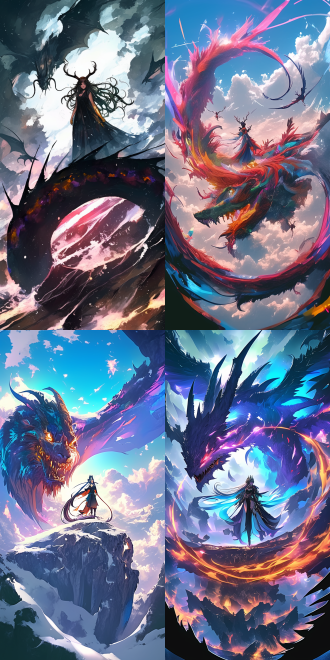 女神站在巨大怪物身上，怪物如飞机般庞大，女神曲线优美，五官精致，细节丰富，高画质，广阔天空，超现实风格，广角镜头，高分辨率，自然光，动态姿态，神秘感，冷色调，威严。