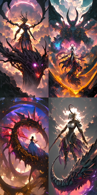 女神站在巨大的怪物身上，怪物比像飞机一样大，女神身材曲线优美，五官精致，细节丰富，高画质