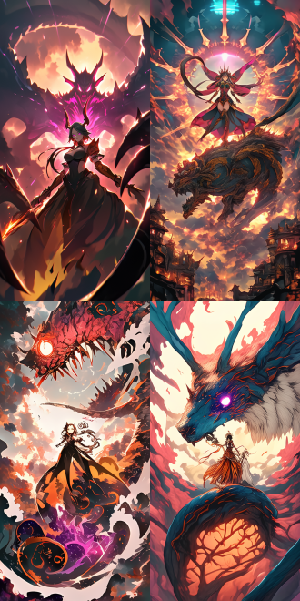 女神站在巨大的怪物身上，怪物比像飞机一样大，女神身材曲线优美，五官精致，细节丰富，高画质