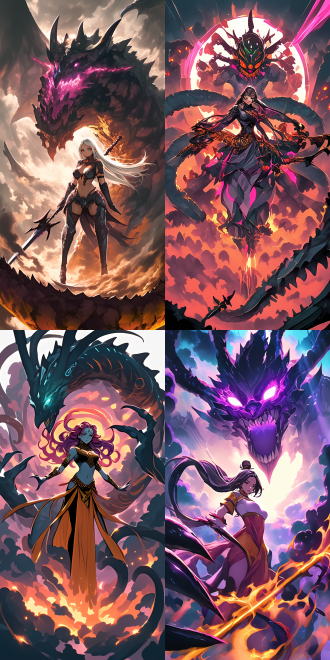 女神站在巨大的怪物身上，怪物比像飞机一样大，女神身材曲线优美，五官精致，细节丰富，高画质