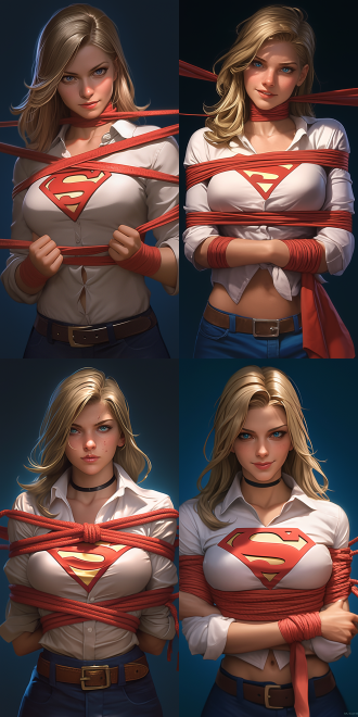 artgerm and james jean, anime visual of supergirl, realistic face moody lighting, pulling strings, prisoner, behance 3d, cgsociety!, on a mannequin. high resolution, inspired by feng zhu, silken blonde hair, trending on artstaion, female goku, affable ， wenjun lin, tied - up shirt, marc _ simonetti