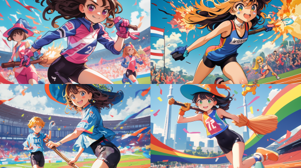 multiple witches ,kawaii,witch's hat, witch's broom ,((witches olympics)), magic shootout, big explosions,(banner of all nations),(olympic symbols),(olympic stadium),((triathlon)),proto style,(cute anime style)，hot body