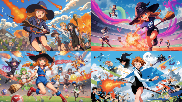 multiple witches ,kawaii,witch's hat, witch's broom ,((witches olympics)), magic shootout, big explosions,(banner of all nations),(olympic symbols),(olympic stadium),((triathlon)),proto style,(cute anime style)，hot figures