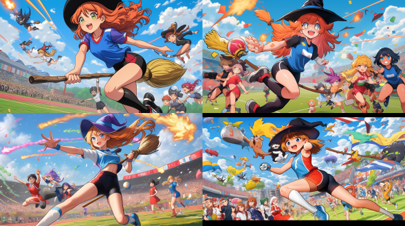multiple witches ,kawaii,witch's hat, witch's broom ,((witches olympics)), magic shootout, big explosions,(banner of all nations),(olympic symbols),(olympic stadium),((triathlon)),proto style,(cute anime style)，hot figures