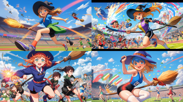 multiple witches ,kawaii,witch's hat, witch's broom ,((witches olympics)), magic shootout, big explosions,(banner of all nations),(olympic symbols),(olympic stadium),((triathlon)),proto style,(cute anime style)，hot figures
