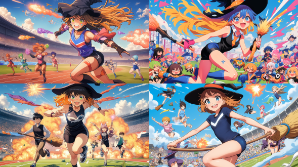 multiple witches ,kawaii,witch's hat, witch's broom ,((witches olympics)), magic shootout, big explosions,(banner of all nations),(olympic symbols),(olympic stadium),((triathlon)),proto style,(cute anime style)，hot figures