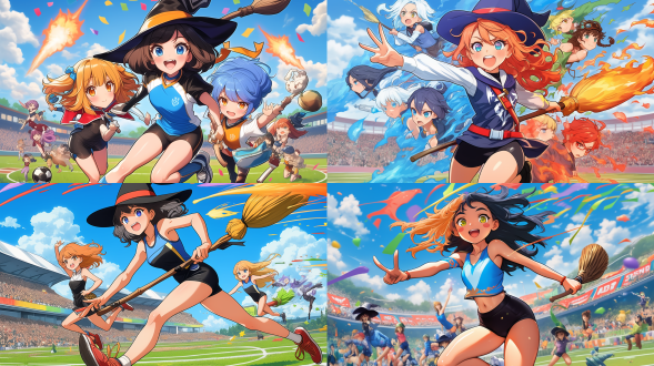 multiple witches ,kawaii,witch's hat, witch's broom ,((witches olympics)), magic shootout, big explosions,(banner of all nations),(olympic symbols),(olympic stadium),((triathlon)),proto style,(cute anime style)，hot figures