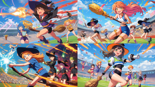 multiple witches ,kawaii,witch's hat, witch's broom ,((witches olympics)), magic shootout, big explosions,(banner of all nations),(olympic symbols),(olympic stadium),((triathlon)),proto style,(cute anime style)，hot figures