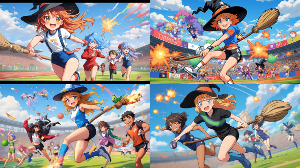 multiple witches ,kawaii,witch's hat, witch's broom ,((witches olympics)), magic shootout, big explosions,(banner of all nations),(olympic symbols),(olympic stadium),((triathlon)),proto style,(cute anime style)，hot figures
