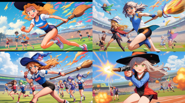 multiple witches ,kawaii,witch's hat, witch's broom ,((witches olympics)), magic shootout, big explosions,(banner of all nations),(olympic symbols),(olympic stadium),((triathlon)),proto style,(cute anime style)，hot figures