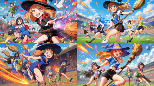 multiple witches ,kawaii,witch's hat, witch's broom ,((witches olympics)), magic shootout, big explosions,(banner of all nations),(olympic symbols),(olympic stadium),((triathlon)),proto style,(cute anime style)，hot figures