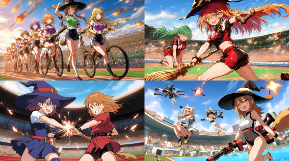 multiple witches ,kawaii,witch's hat, witch's broom ,((witches olympics)), magic shootout, big explosions,(banner of all nations),(olympic symbols),(olympic stadium),((triathlon)),proto style,(cute anime style)，hot figures，perfect body