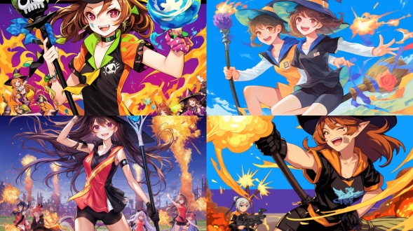 multiple witches ,kawaii,witch's hat, witch's broom ,((witches olympics)), magic shootout, big explosions,(banner of all nations),(olympic symbols),(olympic stadium),((triathlon)),proto style,(cute anime style)，hot figures，perfect body