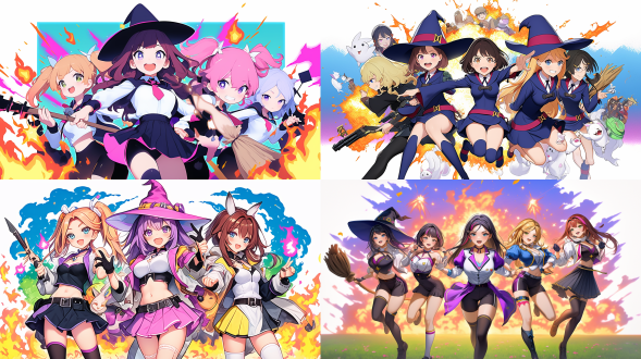 multiple witches ,kawaii,witch's hat, witch's broom ,((witches olympics)), magic shootout, big explosions,(banner of all nations),(olympic symbols),(olympic stadium),((triathlon)),proto style,(cute anime style)，hot figures，perfect body