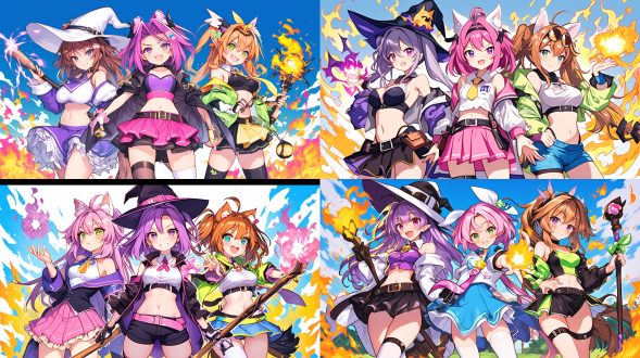 multiple witches ,kawaii,witch's hat, witch's broom ,((witches olympics)), magic shootout, big explosions,(banner of all nations),(olympic symbols),(olympic stadium),((triathlon)),proto style,(cute anime style)，hot figures，perfect body