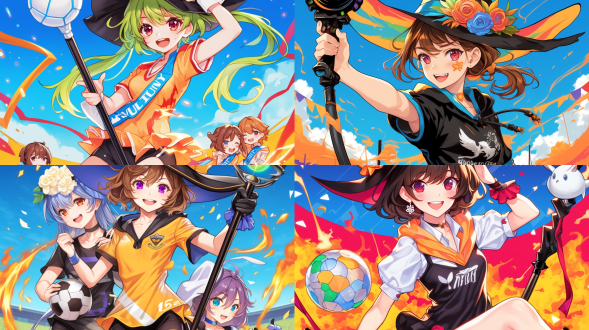 multiple witches ,kawaii,witch's hat, witch's broom ,((witches olympics)), magic shootout, big explosions,(banner of all nations),(olympic symbols),(olympic stadium),((triathlon)),proto style,(cute anime style)，hot figures，perfect body