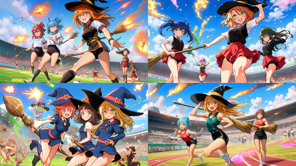 multiple witches ,kawaii,witch's hat, witch's broom ,((witches olympics)), magic shootout, big explosions,(banner of all nations),(olympic symbols),(olympic stadium),((triathlon)),proto style,(cute anime style)，hot figures，perfect body