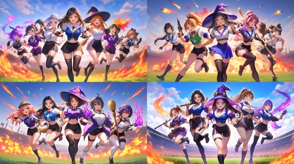 multiple witches ,kawaii,witch's hat, witch's broom ,((witches olympics)), magic shootout, big explosions,(banner of all nations),(olympic symbols),(olympic stadium),((triathlon)),proto style,(cute anime style)，hot figures，perfect body