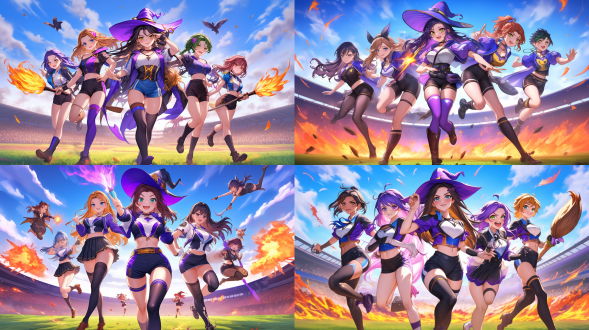 multiple witches ,kawaii,witch's hat, witch's broom ,((witches olympics)), magic shootout, big explosions,(banner of all nations),(olympic symbols),(olympic stadium),((triathlon)),proto style,(cute anime style)，hot figures，perfect body