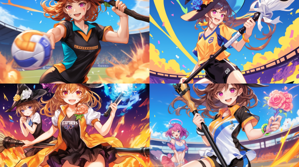 multiple witches ,kawaii,witch's hat, witch's broom ,((witches olympics)), magic shootout, big explosions,(banner of all nations),(olympic symbols),(olympic stadium),((triathlon)),proto style,(cute anime style)，hot figures，perfect body
