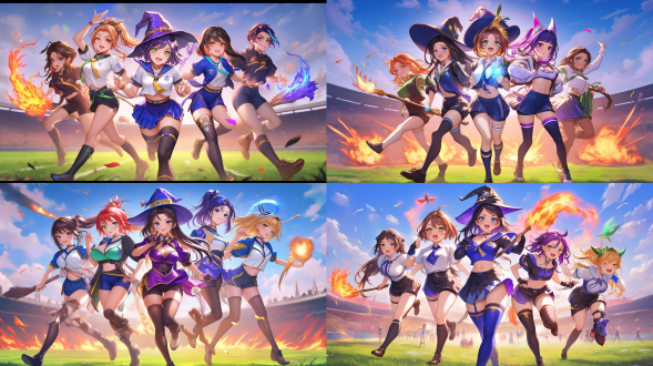 multiple witches ,kawaii,witch's hat, witch's broom ,((witches olympics)), magic shootout, big explosions,(banner of all nations),(olympic symbols),(olympic stadium),((triathlon)),proto style,(cute anime style)，hot figures，perfect body