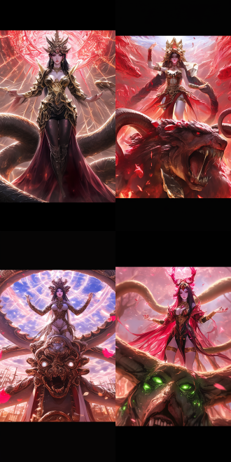 the goddess is standing on a huge monster, the monster is as huge as a plane, the goddess has a graceful curve, exquisite, rich details, high picture quality, angle, surreal, dark tone, wide-angle lens, side light, dynamic blur, mystery, and a sense of power.anime woman fullbody art, by dong kingman, art style of john collier,beautiful young korean woman