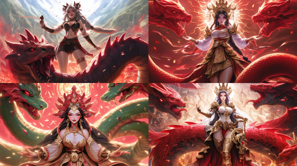 the goddess is standing on a huge monster, the monster is as huge as a plane, the goddess has a graceful curve, exquisite, rich details, high picture quality, angle, surreal, dark tone, wide-angle lens, side light, dynamic blur, mystery, and a sense of power.anime woman fullbody art, by dong kingman, art style of john collier,beautiful young korean woman