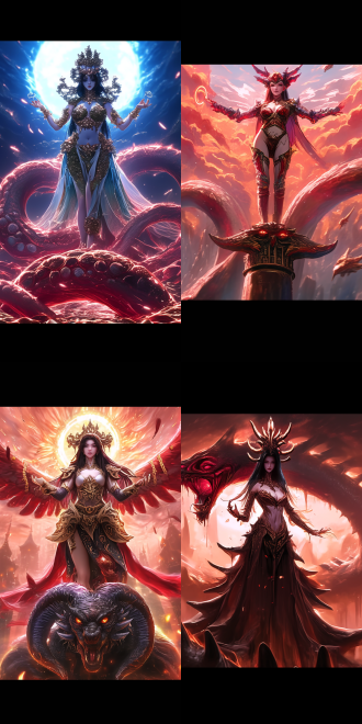 the goddess is standing on a huge monster, the monster is as huge as a plane, the goddess has a graceful curve, exquisite, rich details, high picture quality, angle, surreal, dark tone, wide-angle lens, side light, dynamic blur, mystery, and a sense of power.anime woman fullbody art, by dong kingman, art style of john collier,beautiful young korean woman