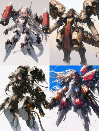 机械龙女，身材火辣，五官精致，重炮手，导弹发射器，全副武装，金属质感，未来科技风格，冷色调，高光影对比，广角镜头，动态模糊，战斗姿态，紧张氛围，科技感，日式动漫风格，细节丰富